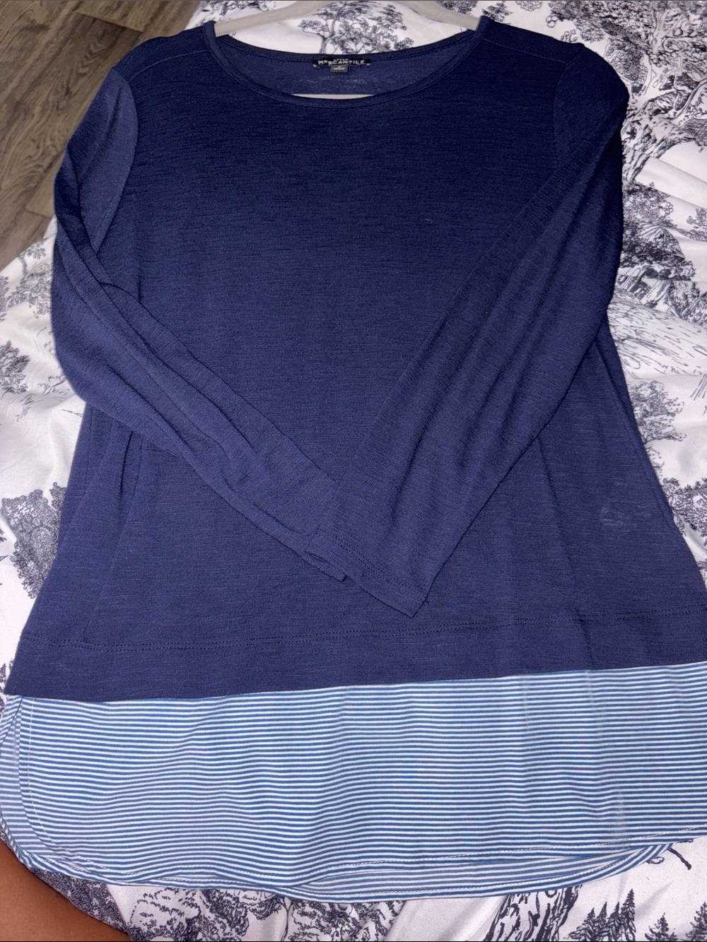 J. Crew Navy Long Sleeve Layered Hem Top with Striped Blue Panel